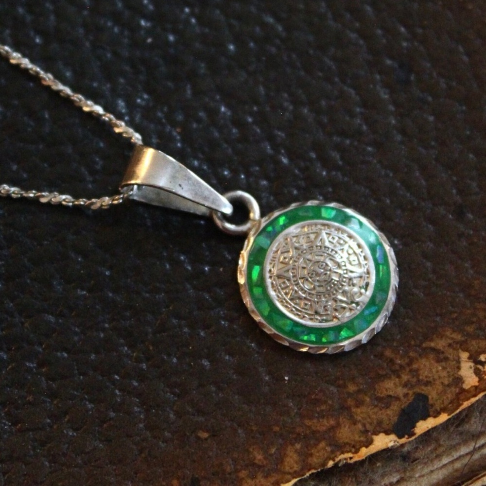 Vintage Sterling Silver Mayan Calendar Pendant, Estate Green Opal & Sterling 925
